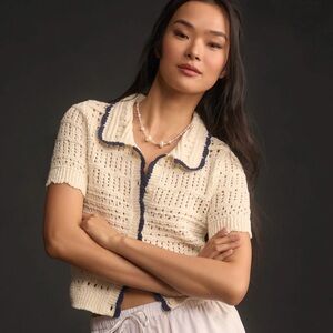 Anthropologie NWT Maeve Short-Sleeve Open Stitch Polo Cardigan Sweater
